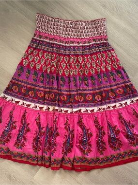 Boho Pink Tiered Maxi Skirt with Floral Paisley Panels